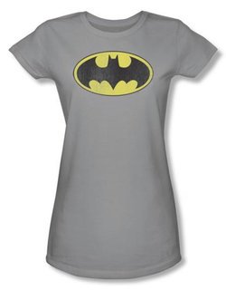 Batman Juniors T-Shirt - Retro Bat Logo Distressed Silver Grey Tee