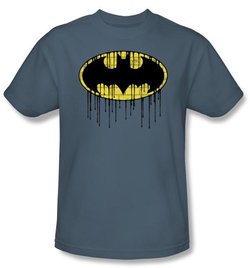 Batman Kids T-Shirt - Dripping Brick Wall Shield Youth Slate Blue Tee