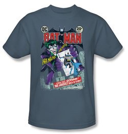 Batman T-Shirt - Jokers Back in Town Adult Slate Blue Tee