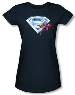 Superman Juniors T-Shirt Crystal Logo Shield Navy Blue Tee Shirt