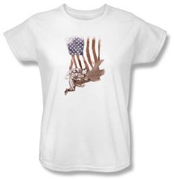 Superman Ladies T-shirt DC Comics Super American Flag White Tee Shirt