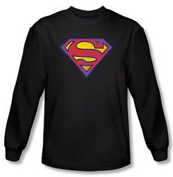 Superman Long Sleeve T-shirt DC Comics Neon Distress Logo Black Shirt