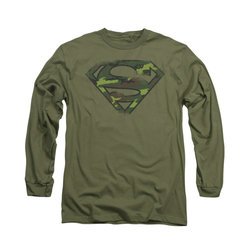 Superman Shirt Distressed Camo Shield Long Sleeve Olive Tee T-Shirt