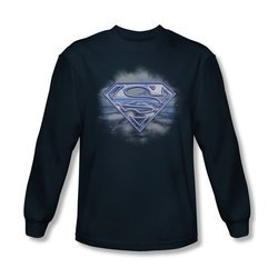 Superman Shirt Flying Shield Long Sleeve Navy Tee T-Shirt