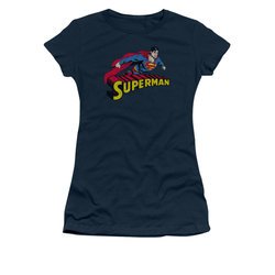 Superman Shirt Juniors Flying Over Navy T-Shirt