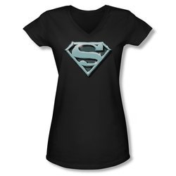 Superman Shirt Juniors V Neck Chrome Shield Black T-Shirt