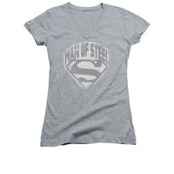 Superman Shirt Juniors V Neck Distressed Man Of Steel Athletic Heather T-Shirt