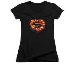 Superman Shirt Juniors V Neck Space Burst Shield Black T-Shirt