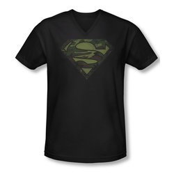 Superman Shirt Slim Fit V-Neck Camo Logo Distressed Black T-Shirt