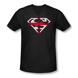 Superman Shirt Slim Fit V-Neck English Shield Black T-Shirt