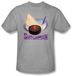 Superman T-shirt Hockey Stick And Puck Adult Heather Gray Tee