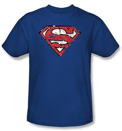 Superman T-shirt Ripped And Shredded Shield Adult Royal Blue Tee Shirt