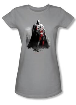 Batman Juniors T-Shirt - Arkham City Harley And Bats Silver Tee