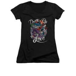 Harley Quinn Shirt Slim Fit V-Neck Death By Love Black T-Shirt