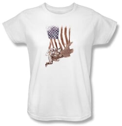 Superman Ladies T-shirt DC Comics Super American Flag White Tee Shirt