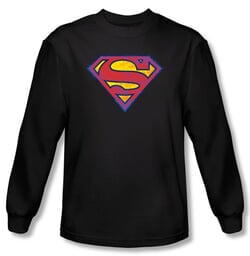 Superman Long Sleeve T-shirt DC Comics Neon Distress Logo Black Shirt