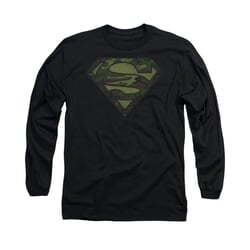 Superman Shirt Camo Logo Distressed Long Sleeve Black Tee T-Shirt