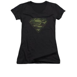 Superman Shirt Juniors V Neck Camo Logo Distressed Black T-Shirt