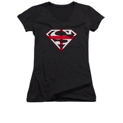 Superman Shirt Juniors V Neck English Shield Black T-Shirt