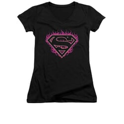 Superman Shirt Juniors V Neck Fuchia Flames Black T-Shirt