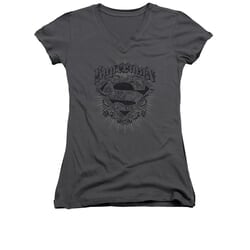 Superman Shirt Juniors V Neck Scrolling Shield Charcoal T-Shirt