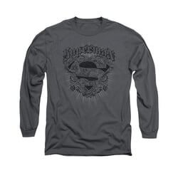 Superman Shirt Scrolling Shield Long Sleeve Charcoal Tee T-Shirt