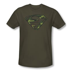 Superman Shirt Slim Fit Distressed Camo Shield Olive T-Shirt