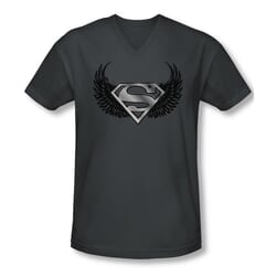 Superman Shirt Slim Fit V-Neck Dirty Wings Charcoal T-Shirt