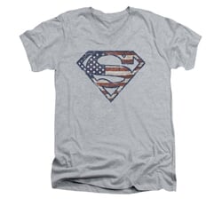 Superman Shirt Slim Fit V-Neck Wartorn Flag Shield Athletic Heather T-Shirt