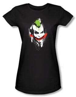 Batman Juniors T-Shirt - Arkham City Joker Spraypaint Smile Black Tee