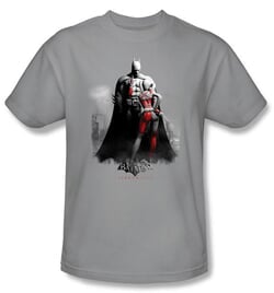 Batman T-Shirt - Arkham City Harley And Bats Adult Silver Tee