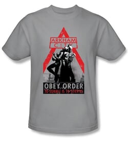 Batman T-Shirt - Arkham City Obey Order Adult Silver Tee