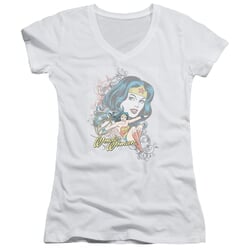 Wonder Woman Juniors V Neck Shirt Scroll White T-Shirt